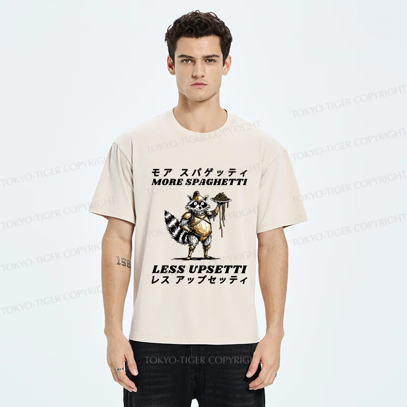 Tokyo-Tiger Armed Raccoon Eating Spaghetti Washed T-Shirt