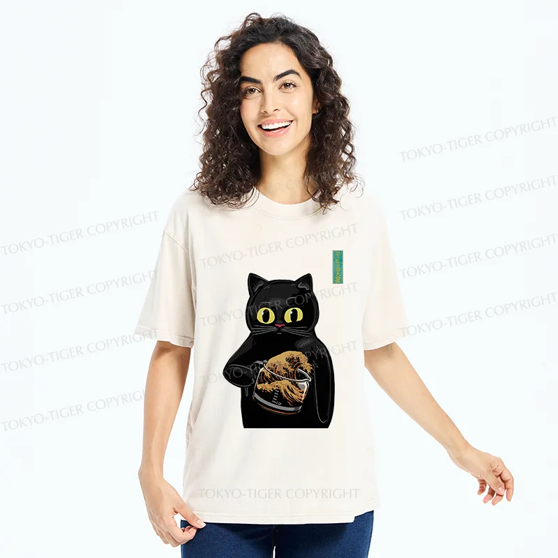 Tokyo-Tiger Black Cat Holding Coffee Washed T-Shirt