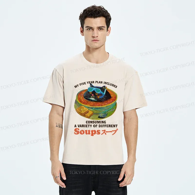 Tokyo-Tiger Cat Drinking Soup Washed T-Shirt