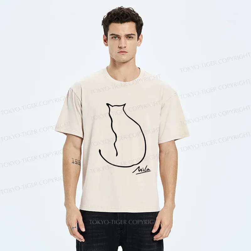 Tokyo-Tiger Simple Drawing Cat Washed T-Shirt