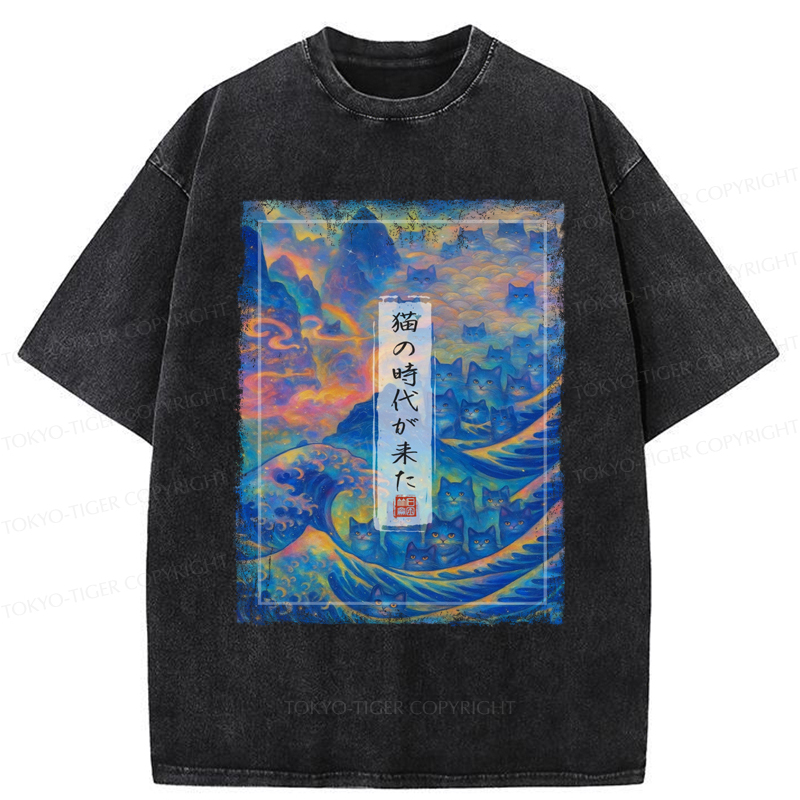 Tokyo-Tiger Riding the Feline Wave Time  Washed  T-Shirt