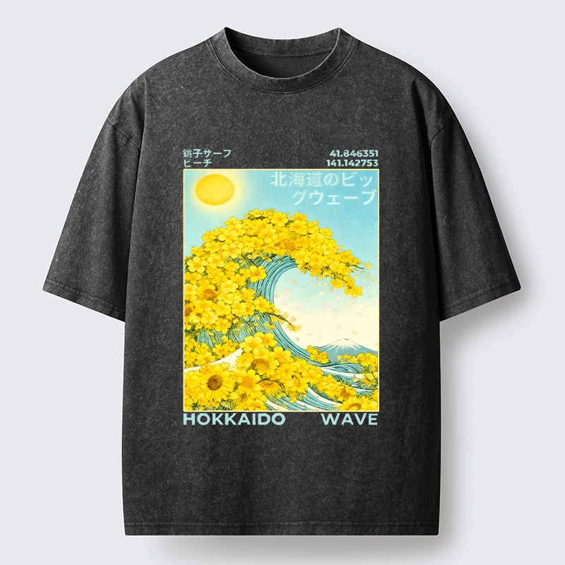 Tokyo-Tiger Sunny Yellow Flower Wave Art Washed T-Shirt