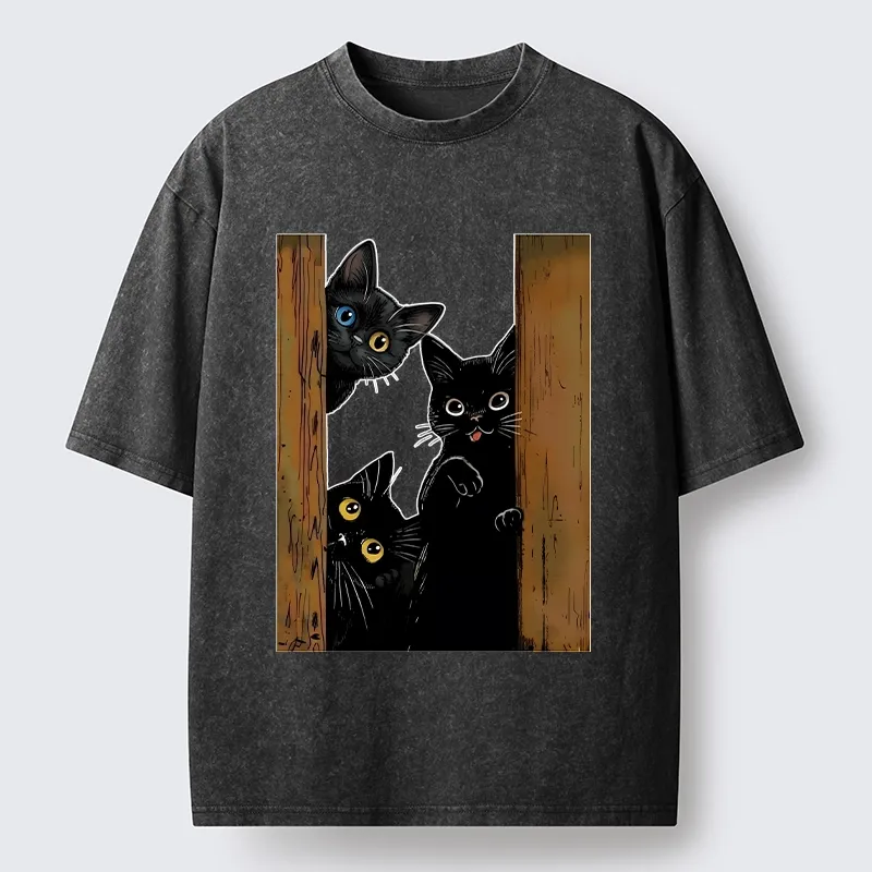 Tokyo-Tiger Funny Cats Spying On You Washed T-Shirt