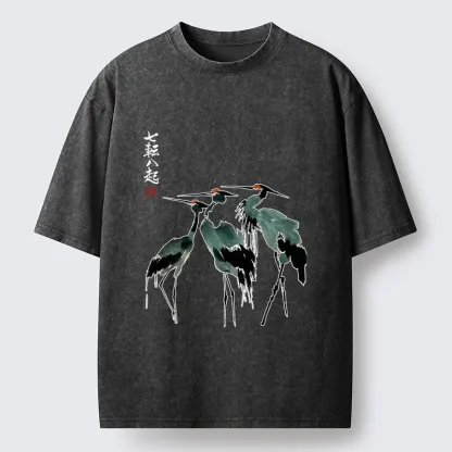 Tokyo-Tiger Spirited Up Cranes Ink Painting Washed T-Shirt