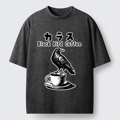 Tokyo-Tiger Black Bird Coffee Break Meme Washed T-Shirt