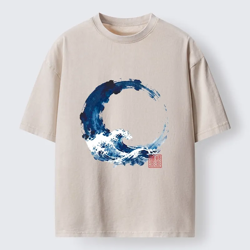 Tokyo-Tiger Zen Circle Blue Wave Art Washed T-Shirt