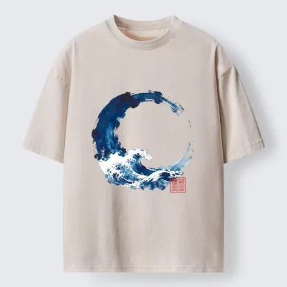 Tokyo-Tiger Zen Circle Blue Wave Art Washed T-Shirt