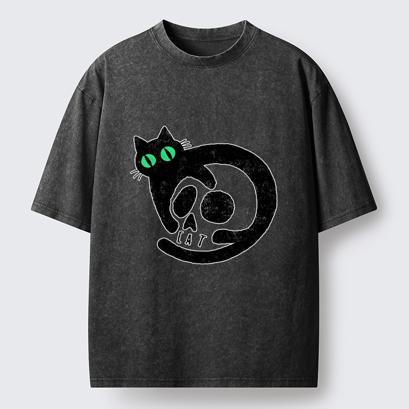 Tokyo-Tiger Spooky Black Cat Skull Meme Washed T-Shirt
