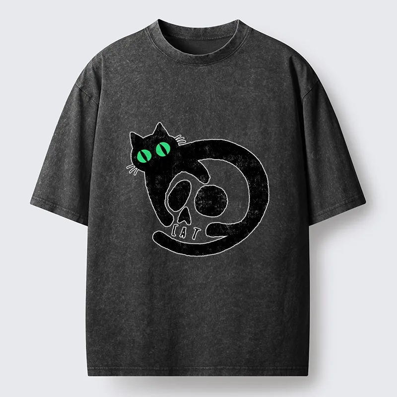 Tokyo-Tiger Spooky Black Cat Skull Meme Washed T-Shirt