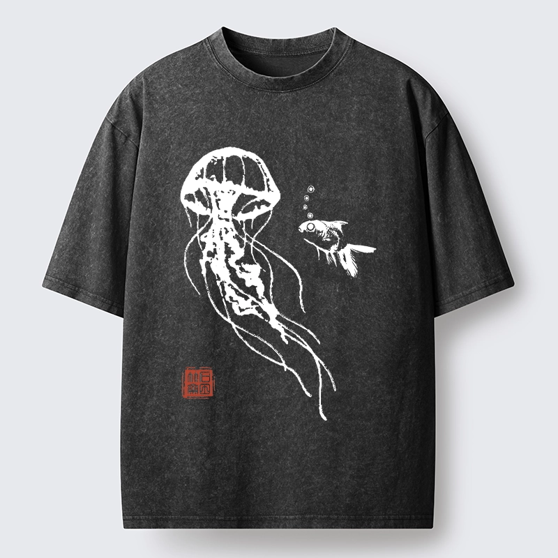 Tokyo-Tiger Ink Wash Jellyfish and Fish Washed T-Shirt