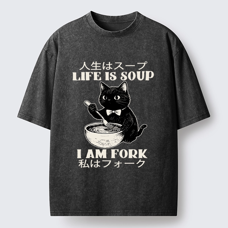 Tokyo-Tiger Life Is Soup Cat Humor Meme Washed T-Shirt