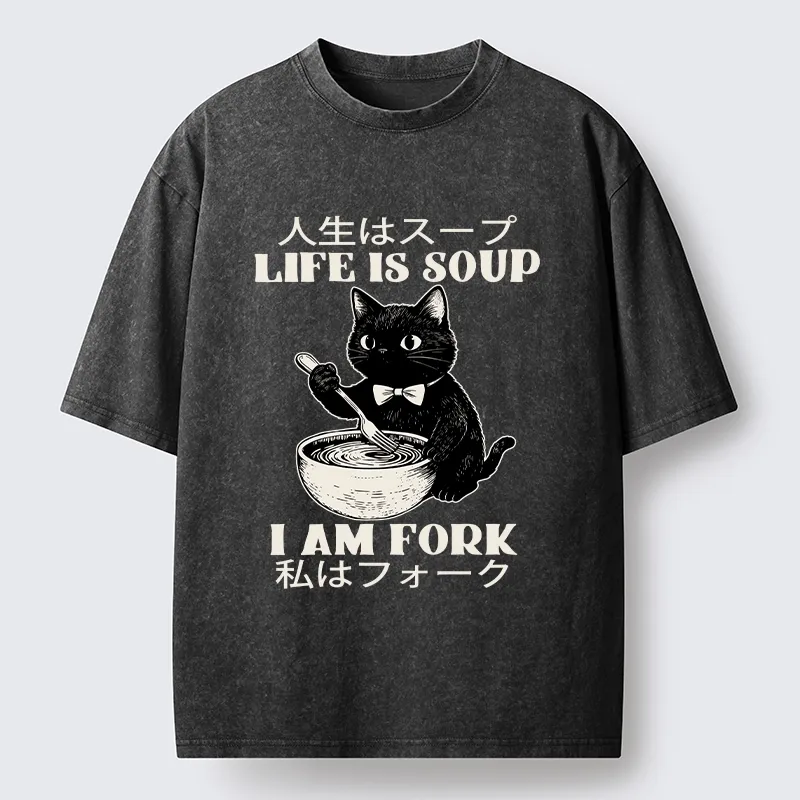 Tokyo-Tiger Life Is Soup Cat Humor Meme Washed T-Shirt