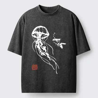 Tokyo-Tiger Ink Wash Jellyfish and Fish Washed T-Shirt