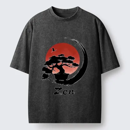 Tokyo-Tiger Zen Bonsai Peaceful Retreat Washed T-Shirt