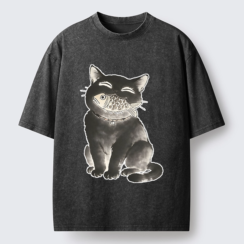Tokyo-Tiger Black Cat Delightful Feast Washed T-Shirt