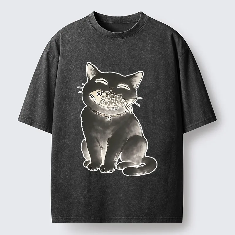 Tokyo-Tiger Black Cat Delightful Feast Washed T-Shirt