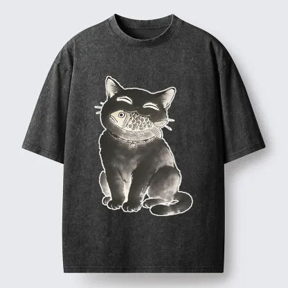 Tokyo-Tiger Black Cat Delightful Feast Washed T-Shirt
