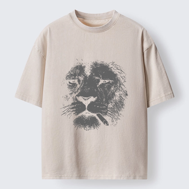 Tokyo-Tiger Tired Lion Funny Smoking Washed T-Shirt