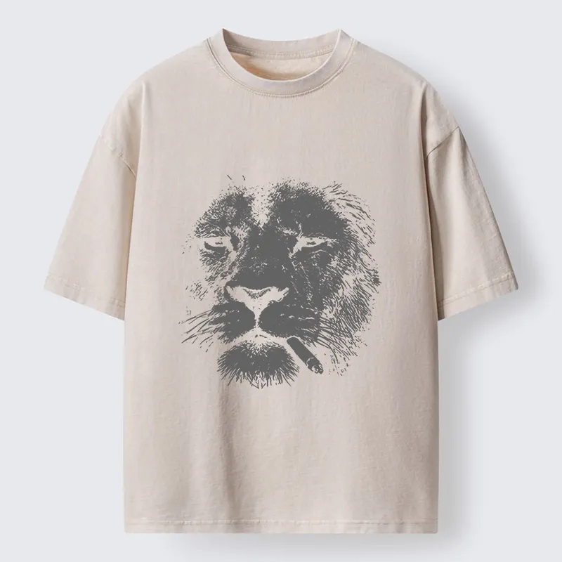 Tokyo-Tiger Tired Lion Funny Smoking Washed T-Shirt
