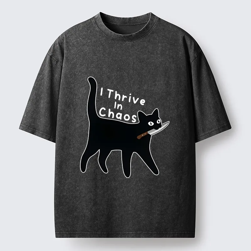 Tokyo-Tiger Chaotic Black Cat With Knife Washed T-Shirt