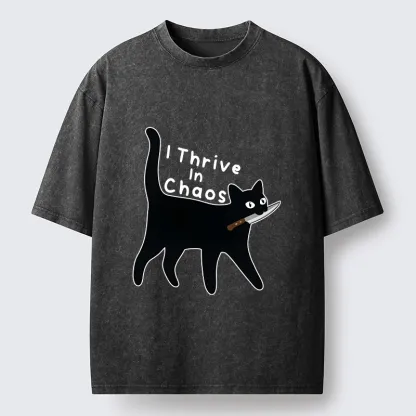 Tokyo-Tiger Chaotic Black Cat With Knife Washed T-Shirt