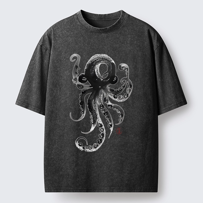 Tokyo-Tiger Japanese Ink Octopus Art Washed T-Shirt