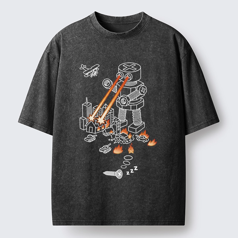 Tokyo-Tiger Funny Screw Robot Destroying City Washed T-Shirt