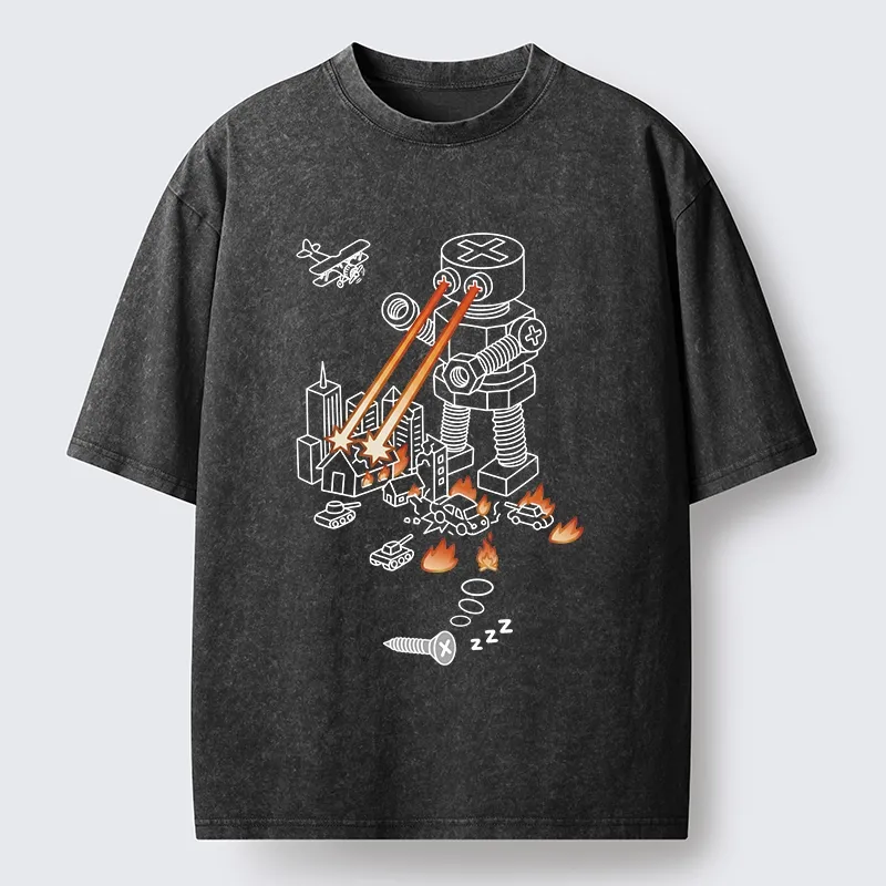 Tokyo-Tiger Funny Screw Robot Destroying City Washed T-Shirt