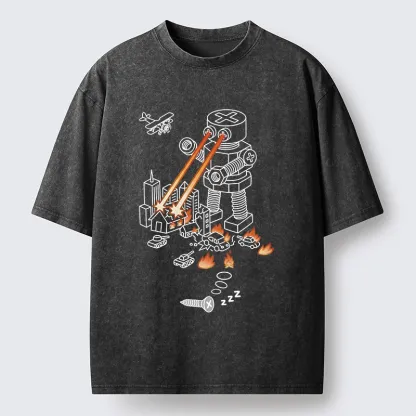 Tokyo-Tiger Funny Screw Robot Destroying City Washed T-Shirt