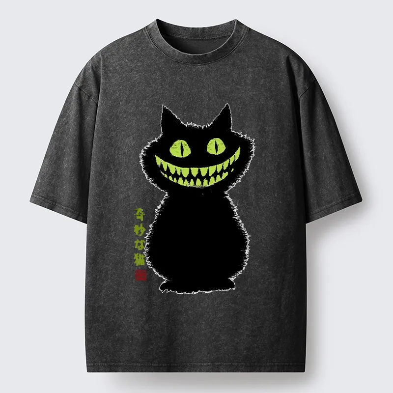 Tokyo-Tiger Spooky Black Cat With Green Teeth Washed T-Shirt