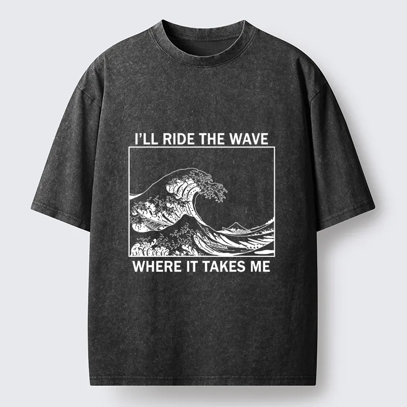 Tokyo-Tiger Stylish Black And White Wave Art Washed T-Shirt