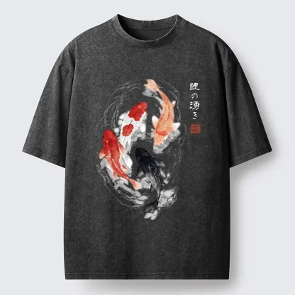 Tokyo-Tiger Koi Fish Flow In Traditional Ink Style Washed T-Shirt