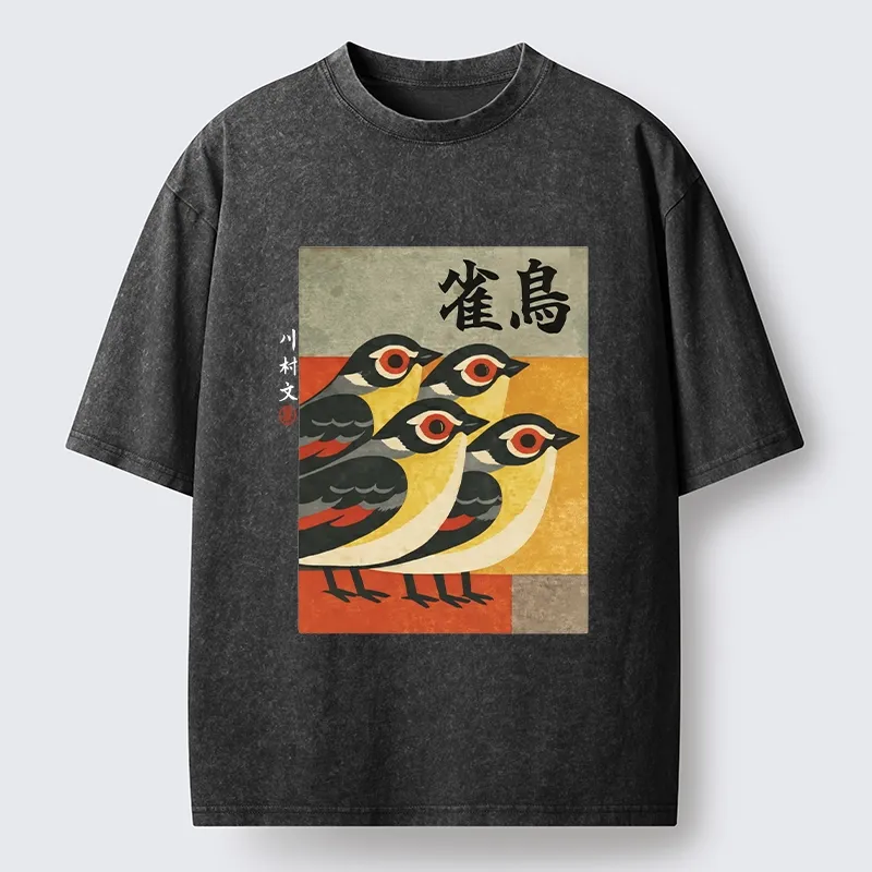 Tokyo-Tiger Cute Sparrows In Retro Japanese Print Washed T-Shir