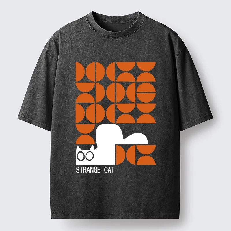 Tokyo-Tiger Black Cat Geometric Pattern Washed T-Shirt