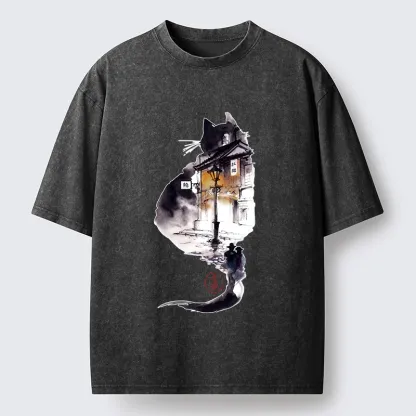 Tokyo-Tiger Black Cat Night Street Silhouette Washed T-Shirt