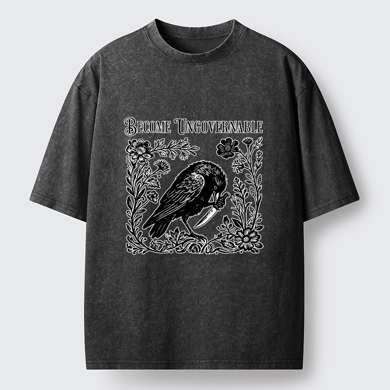 Tokyo-Tiger Crow With Knife Floral Print Washed T-Shirt