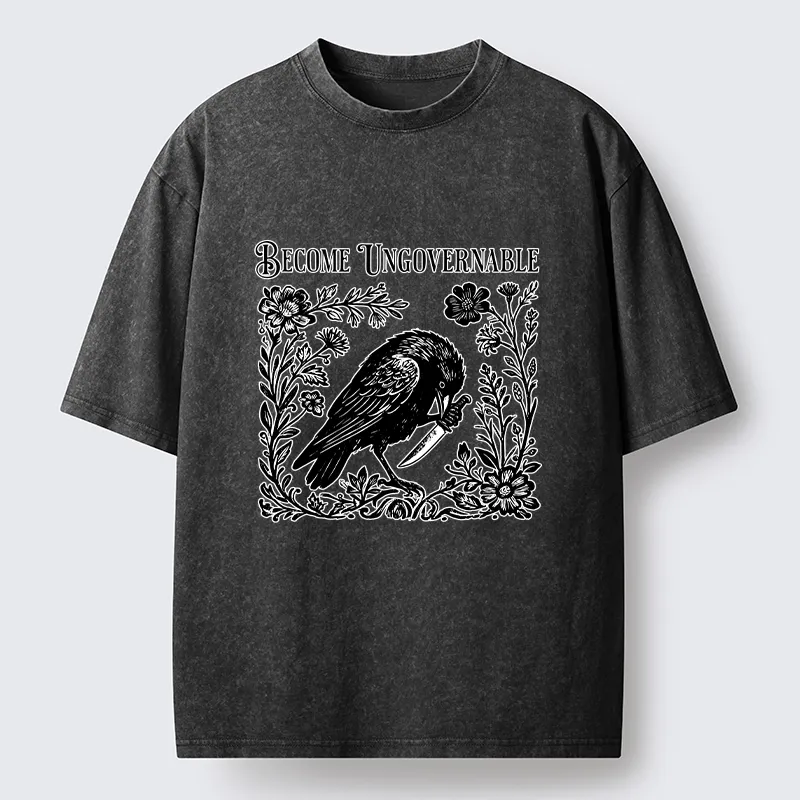 Tokyo-Tiger Crow With Knife Floral Print Washed T-Shirt
