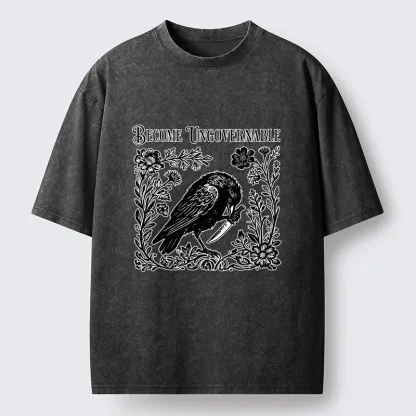 Tokyo-Tiger Crow With Knife Floral Print Washed T-Shirt