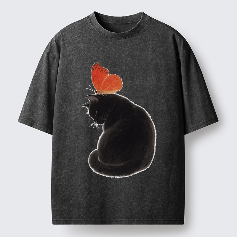 Tokyo-Tiger Black Cat With Orange Butterfly Washed T-Shirt
