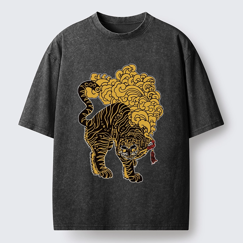 Tokyo-Tiger Black And Gold Tiger With Clouds Washed T-Shirt