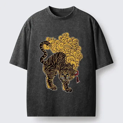 Tokyo-Tiger Black And Gold Tiger With Clouds Washed T-Shirt