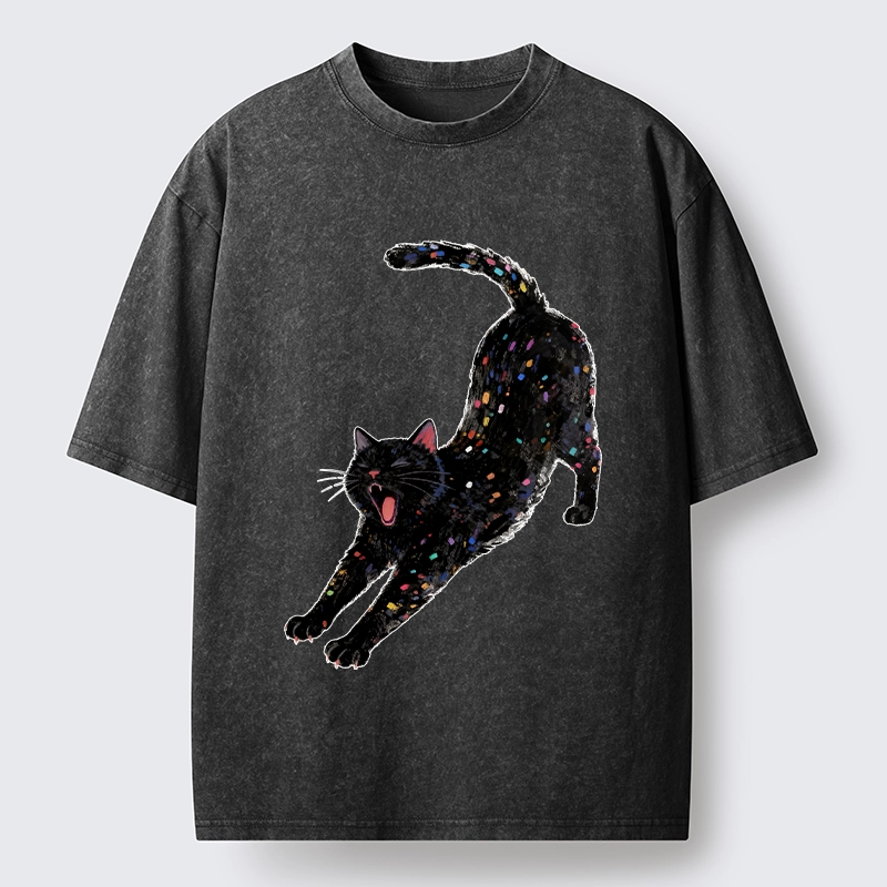 Tokyo-Tiger Dreamy Black Cat Yawning And Stretching Washed T-Shirt