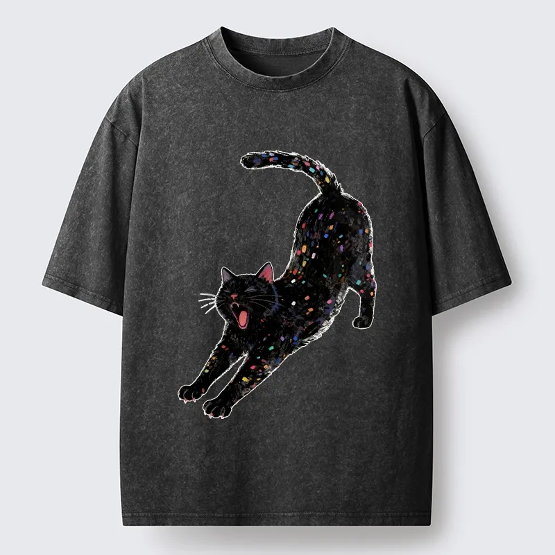 Tokyo-Tiger Dreamy Black Cat Yawning And Stretching Washed T-Shirt