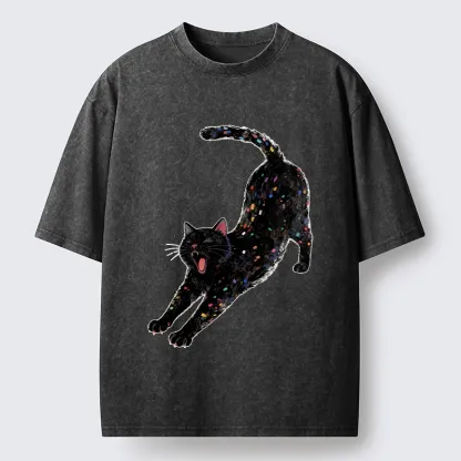Tokyo-Tiger Dreamy Black Cat Yawning And Stretching Washed T-Shirt