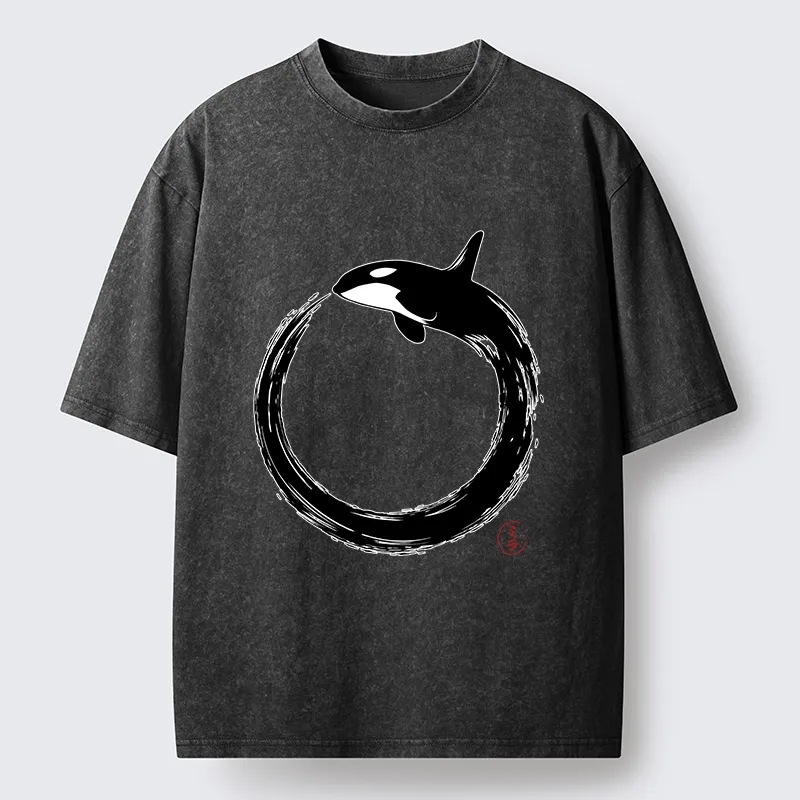 Tokyo-Tiger Orca In Black Ink Circle Washed T-Shirt