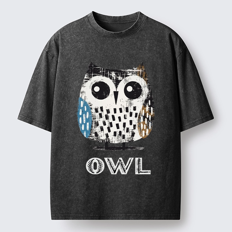 Tokyo-Tiger Minimalist Owl Illustration Print Washed T-Shirt