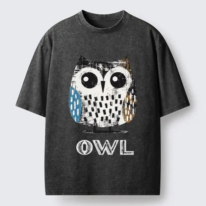Tokyo-Tiger Minimalist Owl Illustration Print Washed T-Shirt
