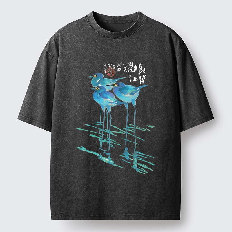 Tokyo-Tiger Watercolor Herons In Reeds Washed T-Shirt