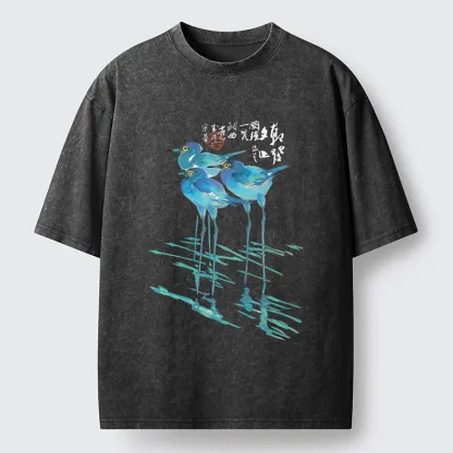 Tokyo-Tiger Watercolor Herons In Reeds Washed T-Shirt