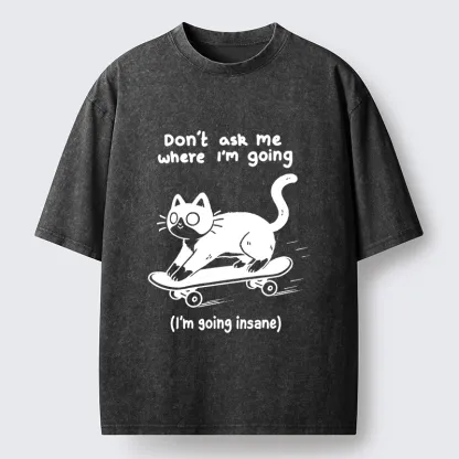 Tokyo-Tiger Black Cat Skating Away From Sanity Washed T-Shirt